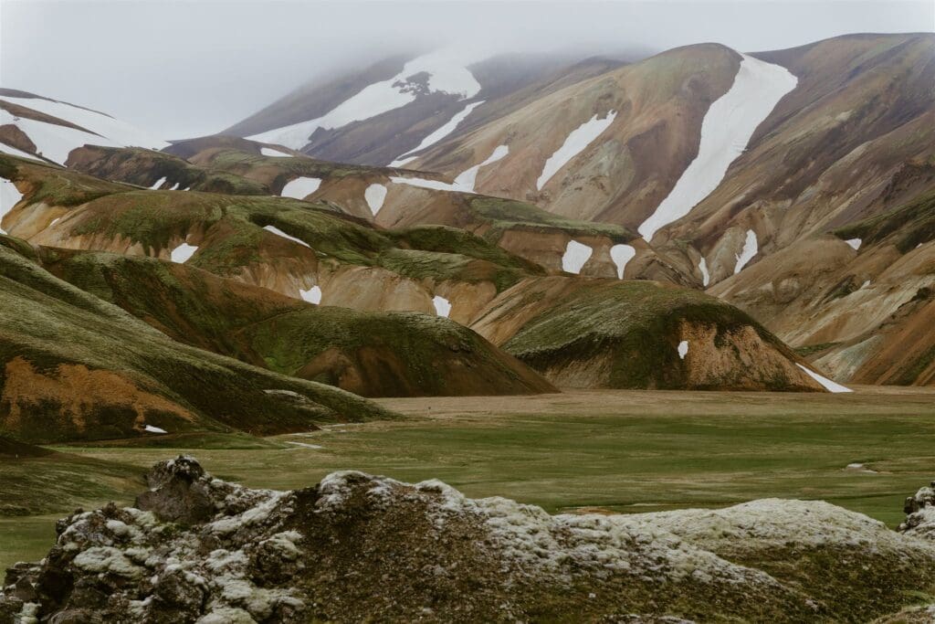 Colorful mountains and geothermal landscape at Landmannalaugar during an Iceland elopement adventure.