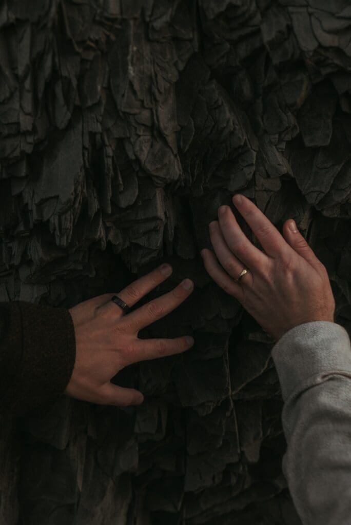 Two men touch the basalt rock caves at Reynisfjara black sand beach in Iceland showcasing their engagement rings
